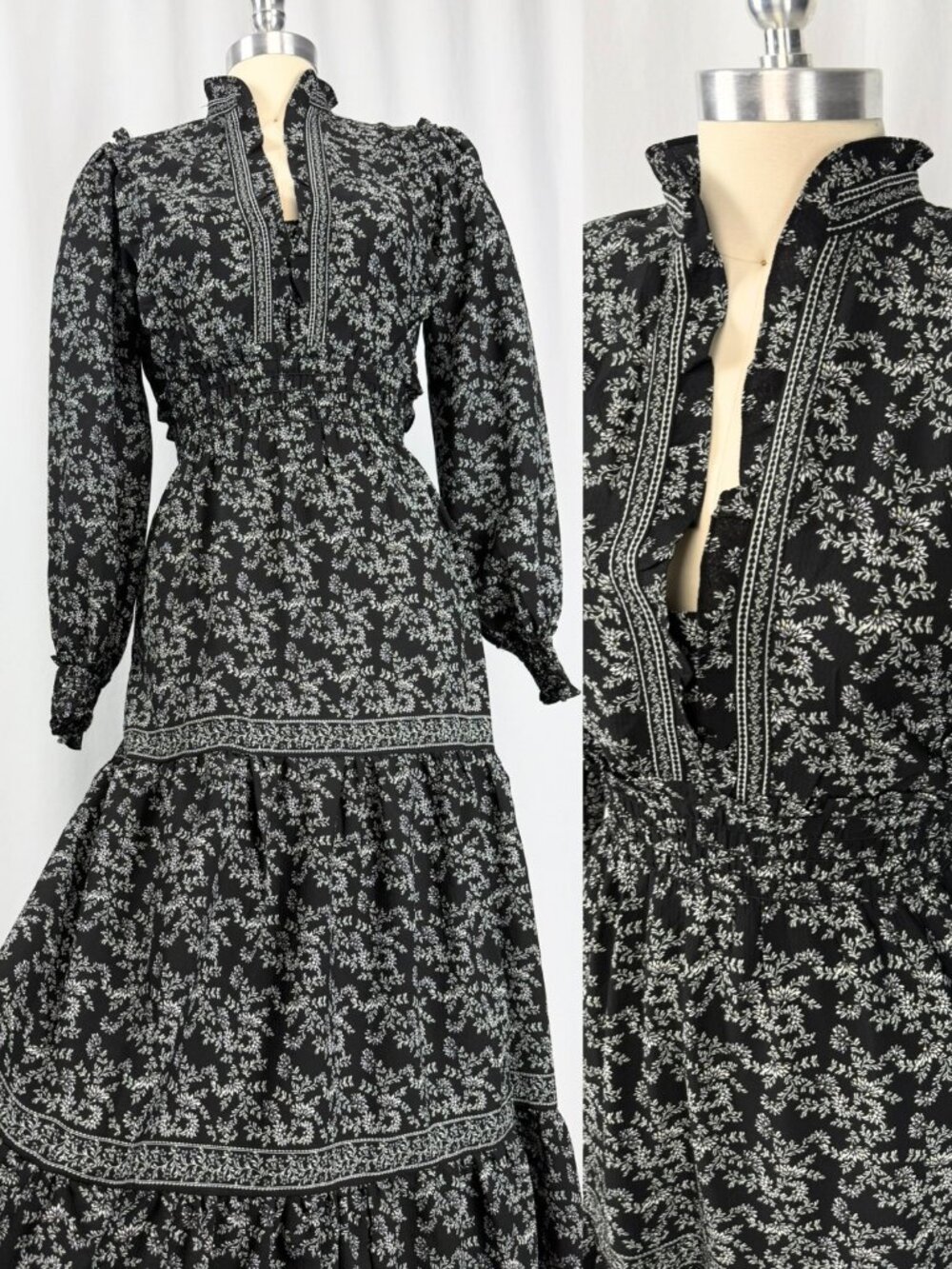 Max Studio Black Floral Gothic Prairie Maxi Dress Cottagecore Witchy L